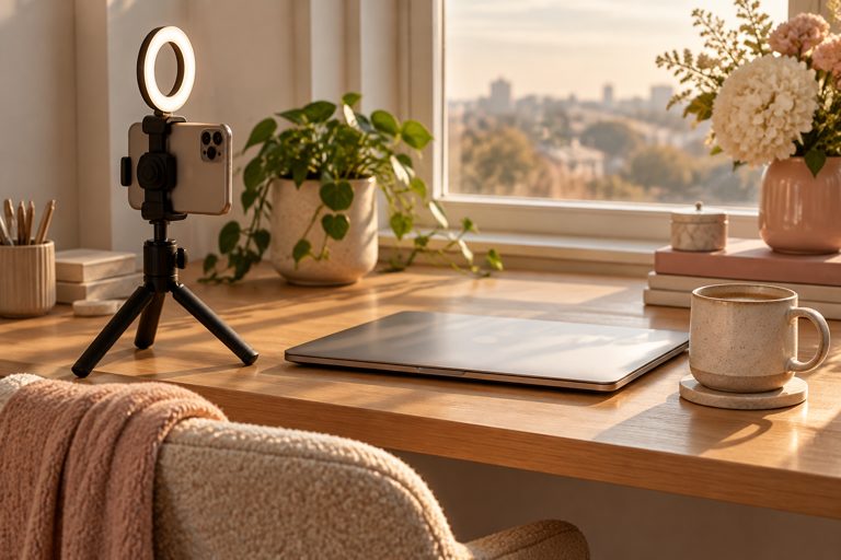A phone on a tripod with a ring light, a laptop and a coffee mug on a sunlit desk
