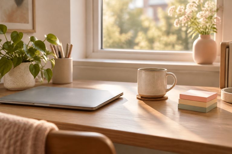 A sunlit desk with a laptop, a mug and pastel sticky notes