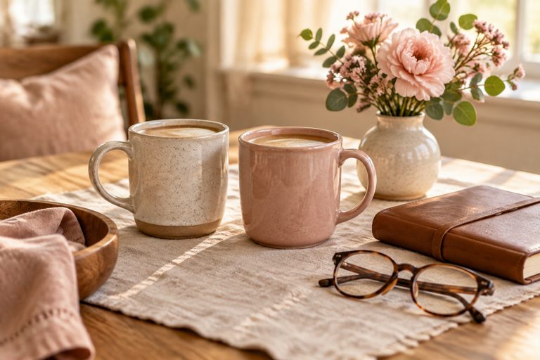 Two coffee mugs, blush flowers and a planner on a linen table