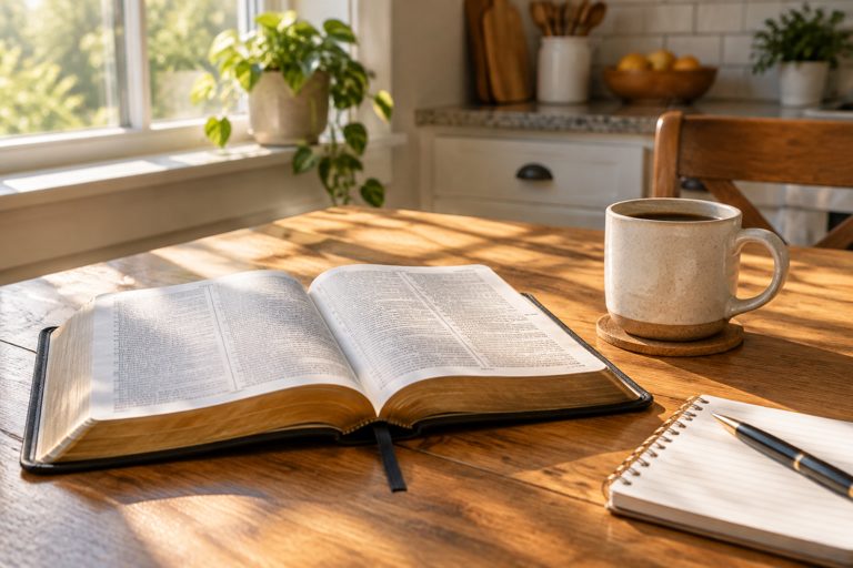 An open Bible, a coffee mug and a notebook on a sunlit kitchen table