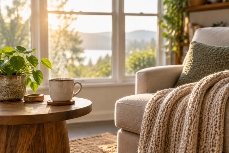 Sunlit reading nook with a steaming mug of coffee and a knit blanket by a window